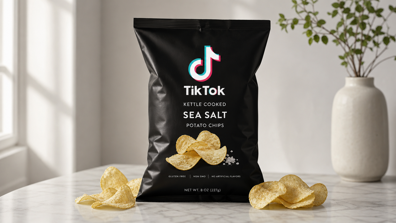 A premium black bag of kettle-cooked sea salt chips with the TikTok logo, photographed on a bright marble surface with scattered chips.