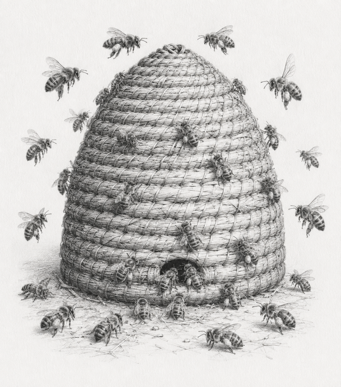 Detailed pencil illustration of a woven beehive surrounded by honey bees, representing the Honey Bee Brands retail team