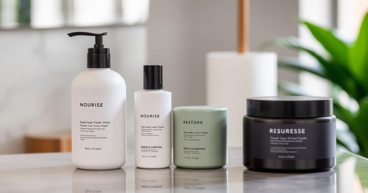 Premium salon shampoo, conditioner and hair mask bottles arranged on a modern hotel bathroom vanity.