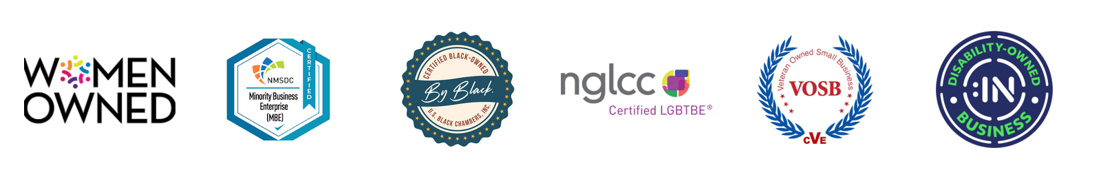 Certified women owned, minority owned, Black owned, LGBTBE, veteran owned, and disability owned business logos