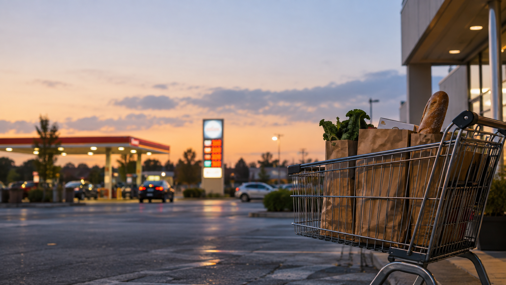 Grocery cart filled with paper bags near a gas station at dusk, showing how higher fuel prices raise consumer goods prices.