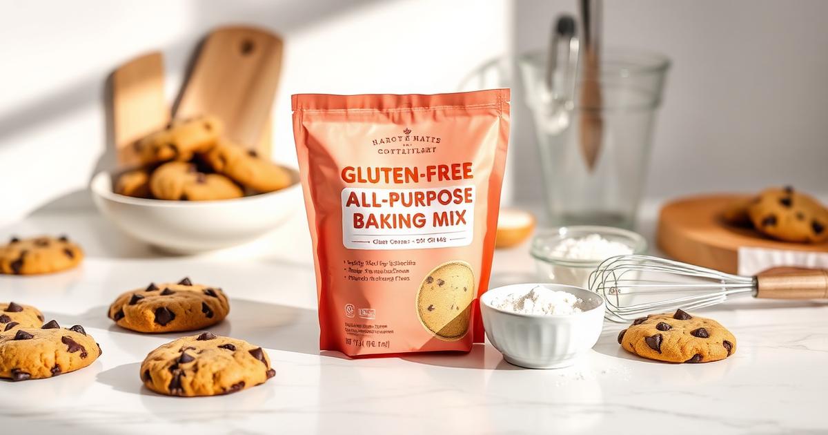 A peach-colored gluten-free all-purpose baking mix pouch surrounded by freshly baked chocolate chip cookies.